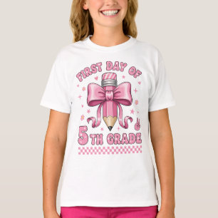 T-shirt Mignonne fille de 5e année Ruban rose Dessin de cr