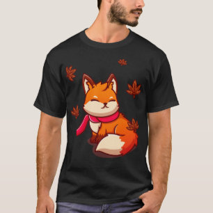 T-shirt Mignonne Fox Assis Avec Écharpe En Dessin D'Automn