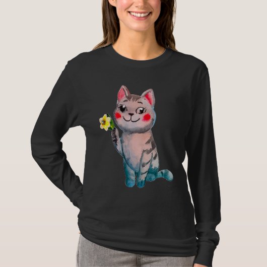 T-shirt Mignonne Illustration De Chat Et Daffodil Mars Nai (Devant)