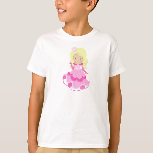 T-shirt Mignonne princesse, Couronne, Robe Rose, Cheveux B (Devant)