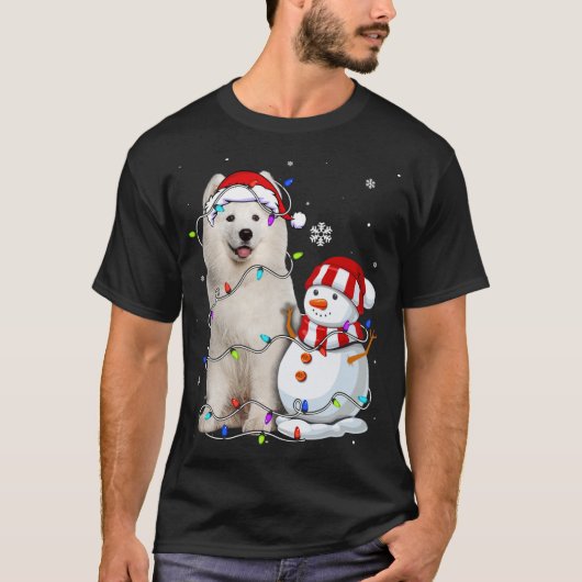 T-shirt Mignonne Samoyed Noël Chapeau Noël Noël Lumière No (Devant)