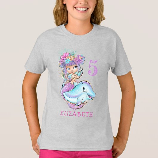 T-shirt Mignonne sirène d'aquarelle avec dauphin Anniversa (Devant)