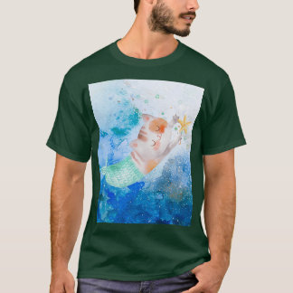 T-shirt Mignonne sirène de chat aquarelle dans la mer