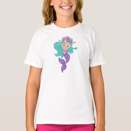 T-shirt Mignonne Sirène, Petite Sirène, Cheveux Bleu, Fleu (Devant)
