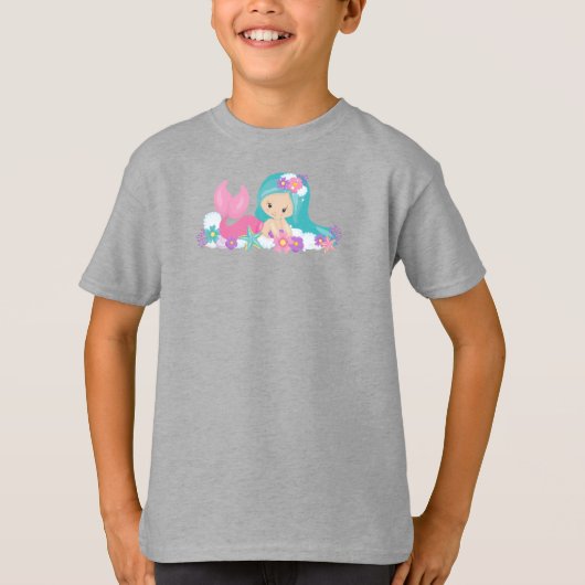T-shirt Mignonne Sirène, Petite Sirène, Fleurs, Cheveux Bl (Devant)