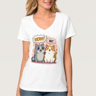 T-shirt Mignons Chats Kawaii Comic Disant Wow et Salut T-
