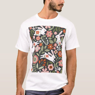 T-shirt Mignons lapins blancs, motif vintage fleuri.