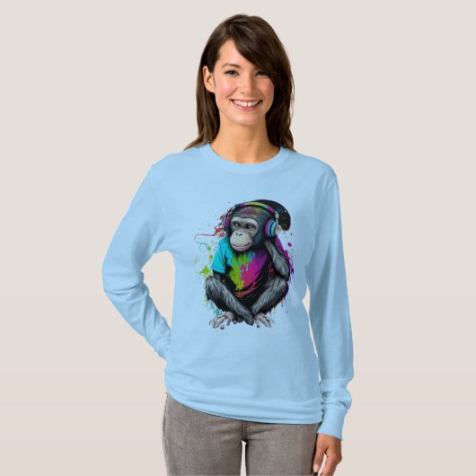 T-shirt Mignons Singe Écouter Musique, Musique Singe Obséd (Devant entier)