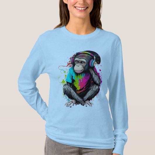 T-shirt Mignons Singe Écouter Musique, Musique Singe Obséd (Devant)