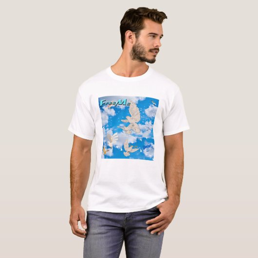T-shirt Mikitiez blanc oiseau bleu ciel été plage liberté (Devant entier)