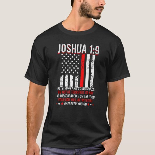 T-shirt Mince Rouge USA Drapeau Joshua 1 9 Bible Christian (Devant)
