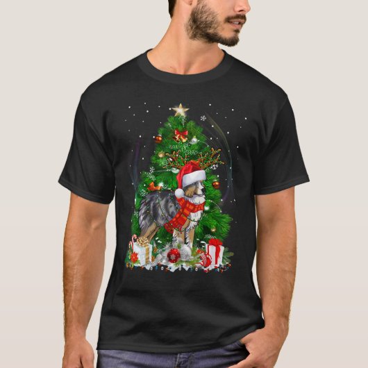 T-shirt Miniature Australian Shepherd Christmas Tree Light (Devant)