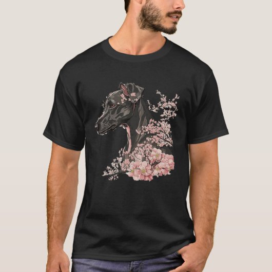 T-shirt Miniature Pinscher Cherry Blossom Dog Breed Japane (Devant)