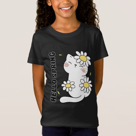 T-Shirt Minimalist Aesthetic Hello Spring Cat & Daisy  (Devant)