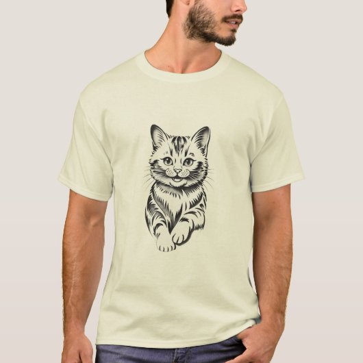 T-shirt Minimalist Cheerful Cat Simple Line Art (Devant)