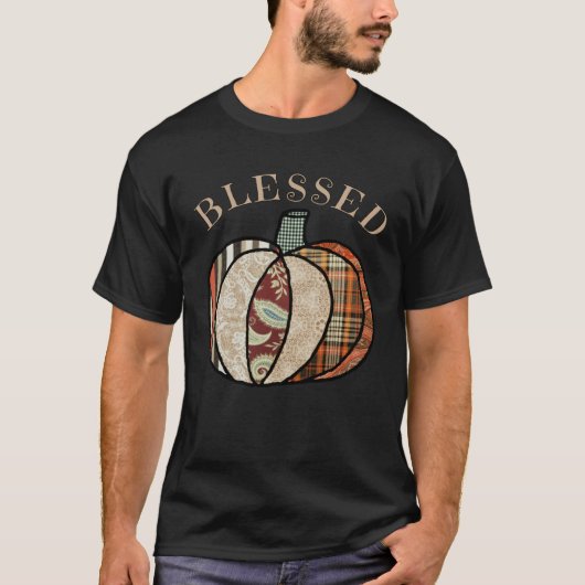 T-shirt Minimalist Patchwork Pumpkin Autumn Blessed Thanks (Devant)