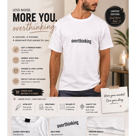 T-shirt minimaliste « Overthinking » pour hommes |