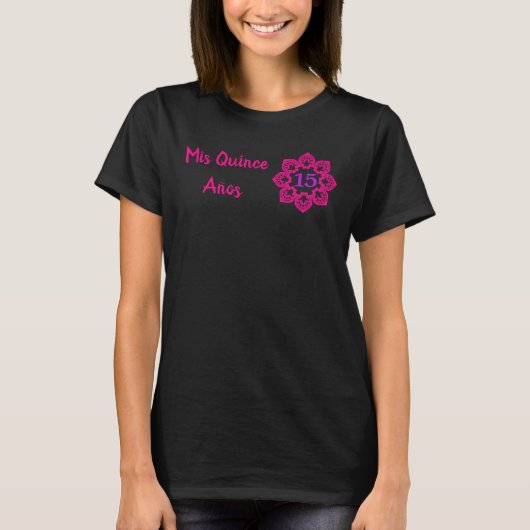 T-shirt Mis Quince Anos Fleur de dentelle rose Quinceanera (Devant)