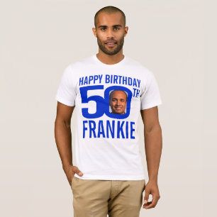 T-shirt modèle photo de nom personnalisé bleu 50e annive