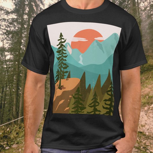 T-shirt Modern Abstract Forest, Mountains, and Sunrise