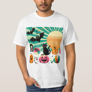 T-shirt Modern Retro Wave Halloween Collage Black Cat Bats