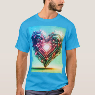 T-shirt Moderne Futuriste Vert et Rose Coeur