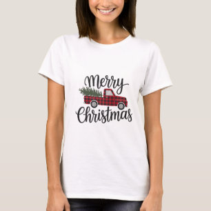 T-shirt Moderne Joyeux Noël Rouge Buffalo Plaid Camion