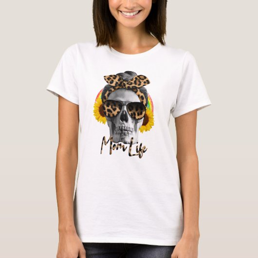 T-shirt Momlife Funny Mom Skull with Leopard Spots Bow (Devant)