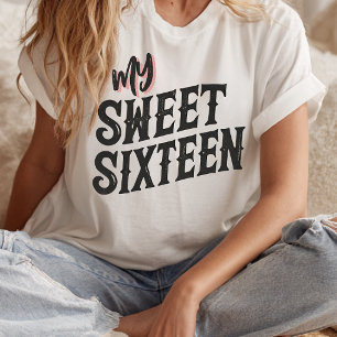 T-shirt Mon Sweet sixteen de texte moderne noir et rose