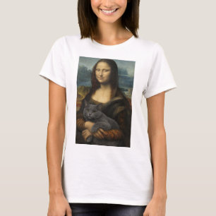 T-shirt Mona Lisa tenant un élégant chat gris             