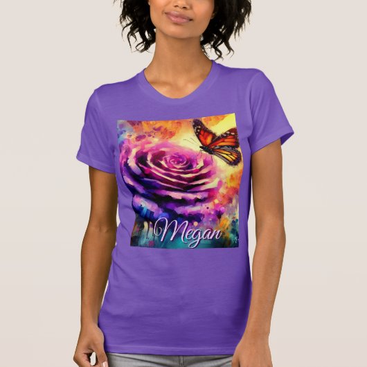 T-shirt Monarch Butterfly on Rose at Sunset Personalized (Devant)