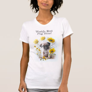 T-shirt Mondes Meilleur Chien Maman Carlin Fleurs Jaunes