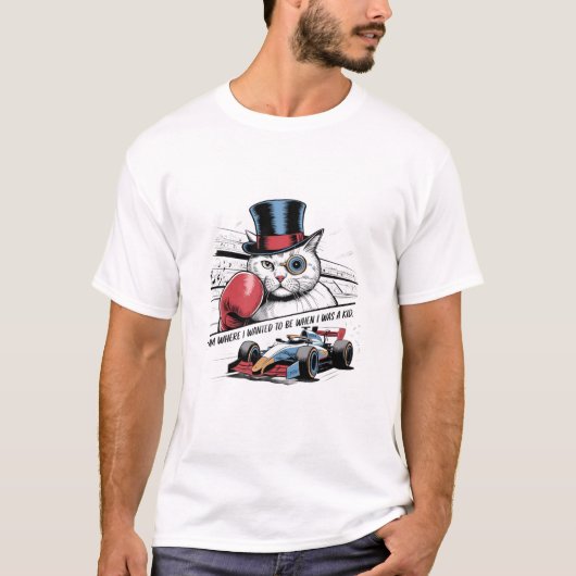 T-shirt Monocle Cat with Boxing Glove & F1 Race Car Funny  (Devant)