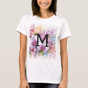 T-shirt Monogramme aquarelle florale fleurs d'orchidée ros