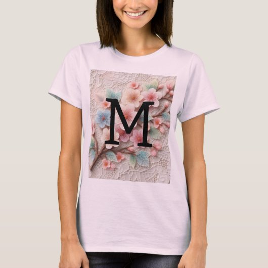 T-shirt Monogramme dentelle rose floral pastel fleurs de c (Devant)