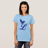 T-shirt Monogramme Initial L Élégant avec Oiseau Bleu (Devant entier)