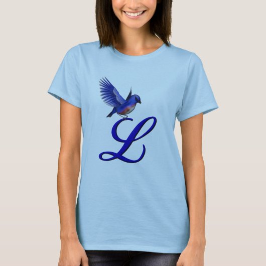 T-shirt Monogramme Initial L Élégant avec Oiseau Bleu (Devant)