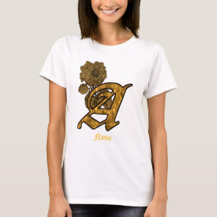 T-shirt Monogramme Initiale A Fleur de Pivoine en Or Perso