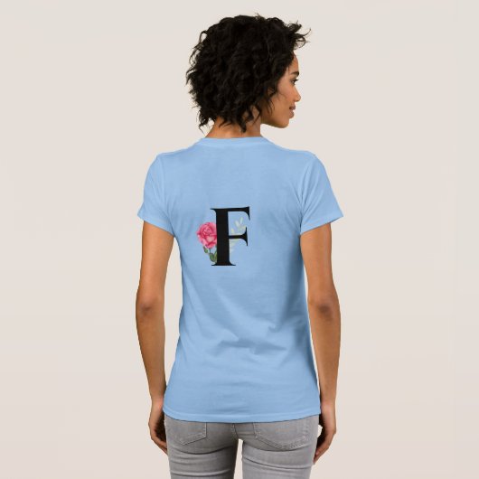 T-shirt Monogramme Lettre initiale F en noir avec rose ros (Dos entier)