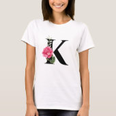 T-shirt Monogramme Lettre initiale K en noir avec rose ros (Devant)