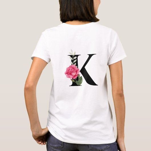 T-shirt Monogramme Lettre initiale K en noir avec rose ros (Dos)