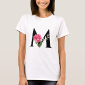 T-shirt Monogramme Lettre initiale M en noir avec rose ros (Devant)
