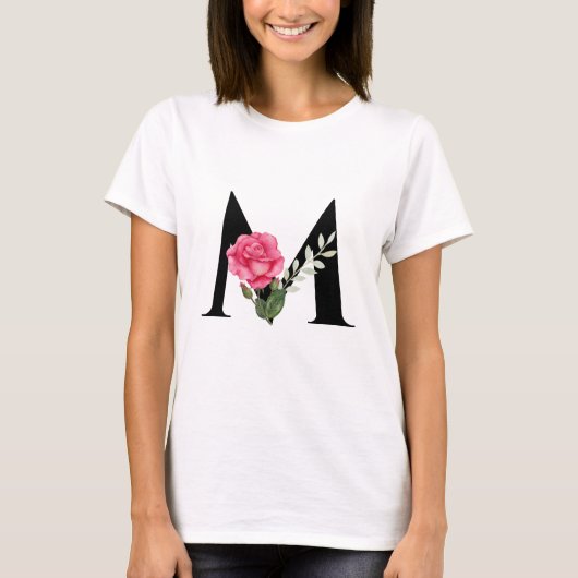 T-shirt Monogramme Lettre initiale M en noir avec rose ros (Devant)