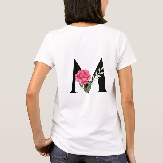 T-shirt Monogramme Lettre initiale M en noir avec rose ros (Dos)