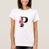 T-shirt Monogramme Lettre initiale P en noir avec rose ros (Devant)