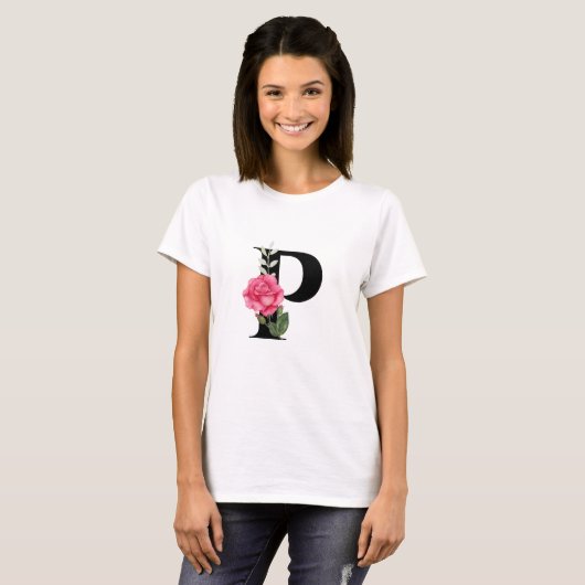 T-shirt Monogramme Lettre initiale P en noir avec rose ros (Devant entier)