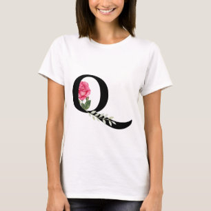 T-shirt Monogramme Lettre initiale Q en noir avec rose ros