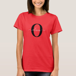 T-shirt Monogramme personnalisé Nom du script Rouge Noir B