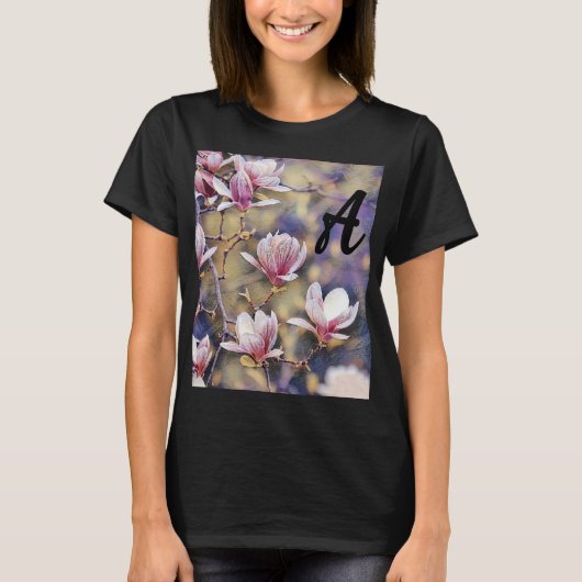 T-shirt Monogramme Pink magnolia branche aquarelle violet (Devant)