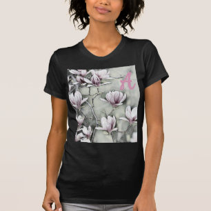 T-shirt Monogramme Pink magnolia branche dessin gris noir